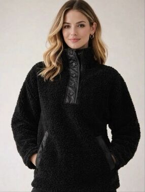 Athleta Cozy Sherpa Snap Sweatshirt Black Large